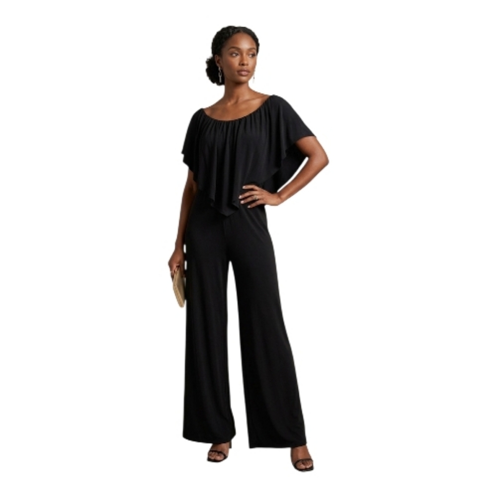 Chatoyant Chic Black Stretchy Women's Flutter Top Jumpsuit Large